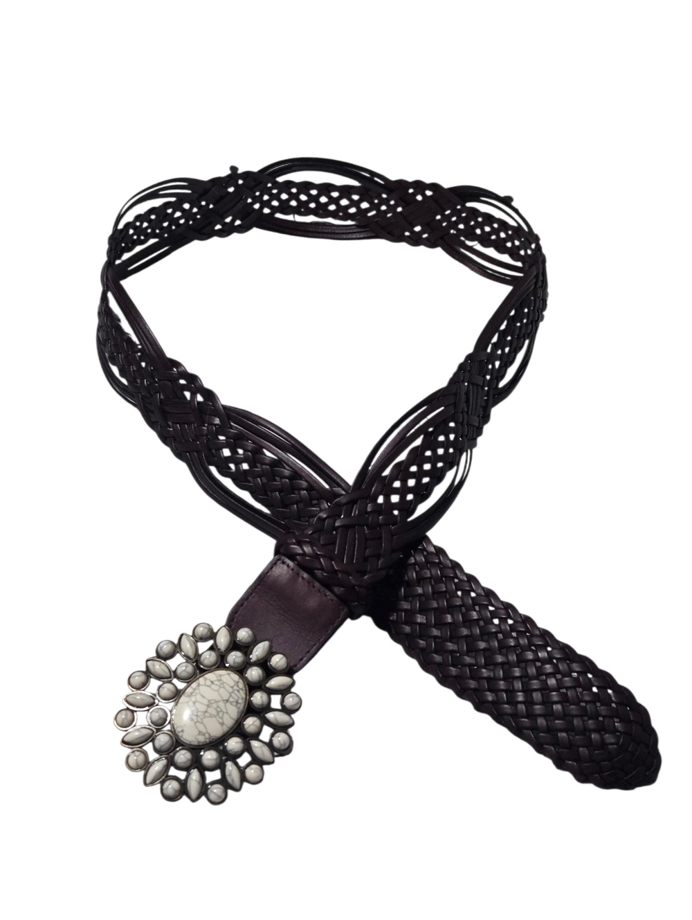 Braided Brown Leather Belt With Bone Stone Buckle